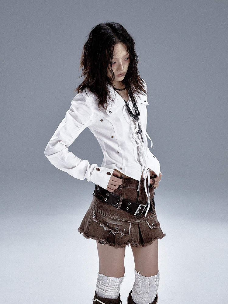 Shirt With Buckles White Cut-Out Lace-Up Bow