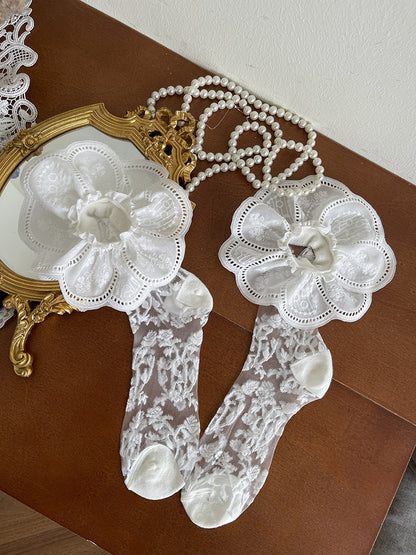 White Embroidered Pattern Trim Semi-Sheer with Wide Floral Socks