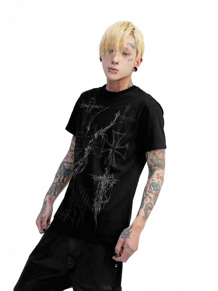 Edgy Genderless Black Double Collar Tee with Cross Graphic - DETW OnLine