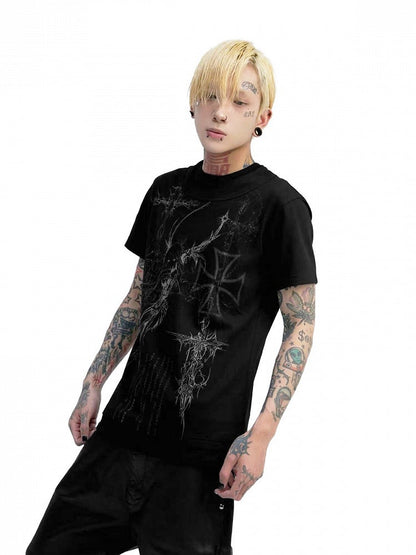 Edgy Genderless Black Double Collar Tee with Cross Graphic - DETW OnLine