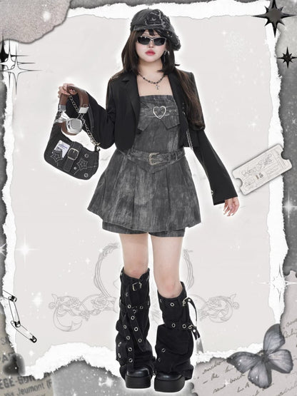 Dunkelgraues Punk-Jeanskleid mit Herzschnalle in Übergröße