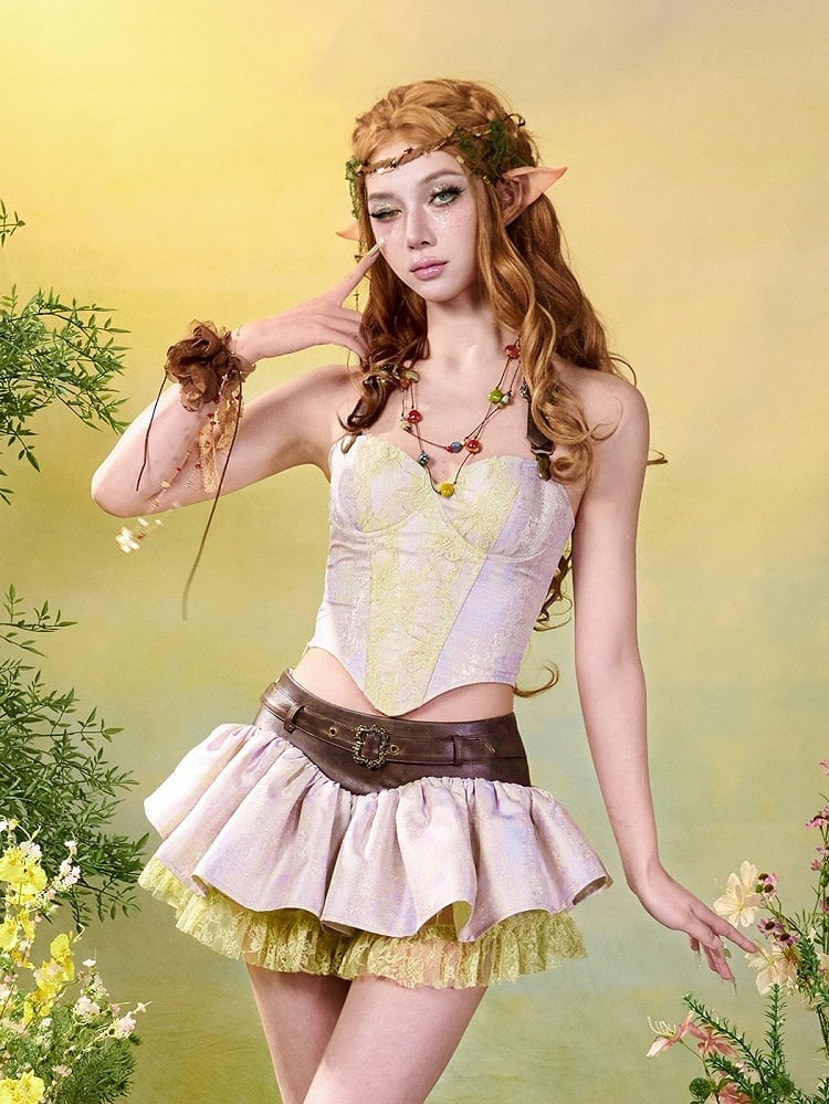 Fairycore Mori Kei Purple & Green Halter Neck Corset Top with Strap Design - Virtual Orbit