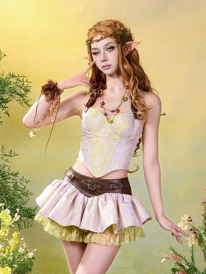 Fairycore Mori Kei Purple & Green Halter Neck Corset Top with Strap Design - Virtual Orbit