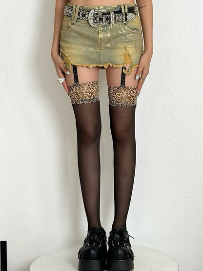 Leoparden-Hosenträger, schwarzes Muster, Y2K-Strümpfe, halbtransparent