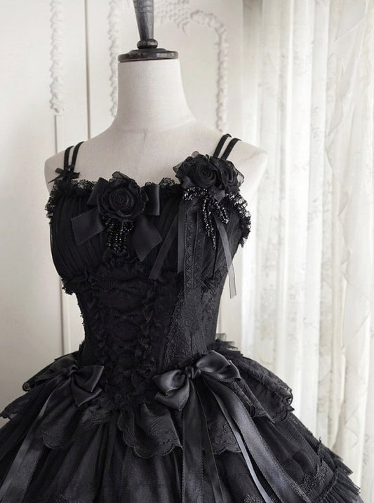Elegant Classic and Trim Corset Lace Rose Boned Accents with Lolita Top Bow Black