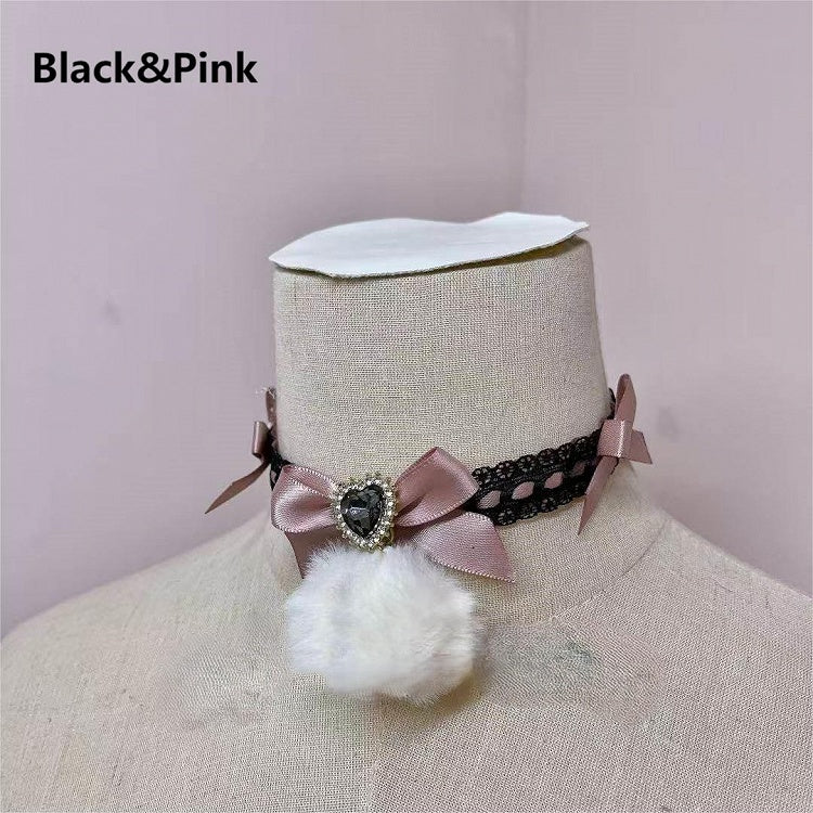 Heart Rhinestone Bow Choker Lace 6 Colors with Pendant