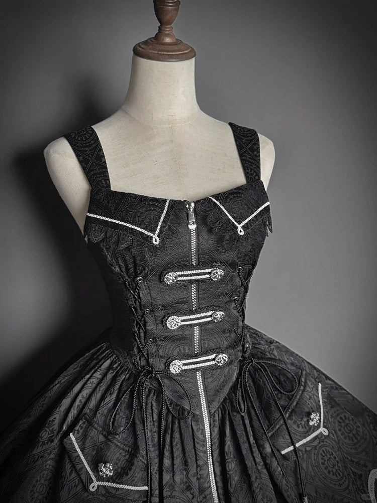 Black with Hem Military Details Lolita Corset Dress Zipper Handkerchief Jacquard