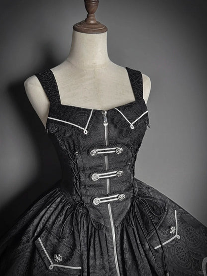 Black with Hem Military Details Lolita Corset Dress Zipper Handkerchief Jacquard