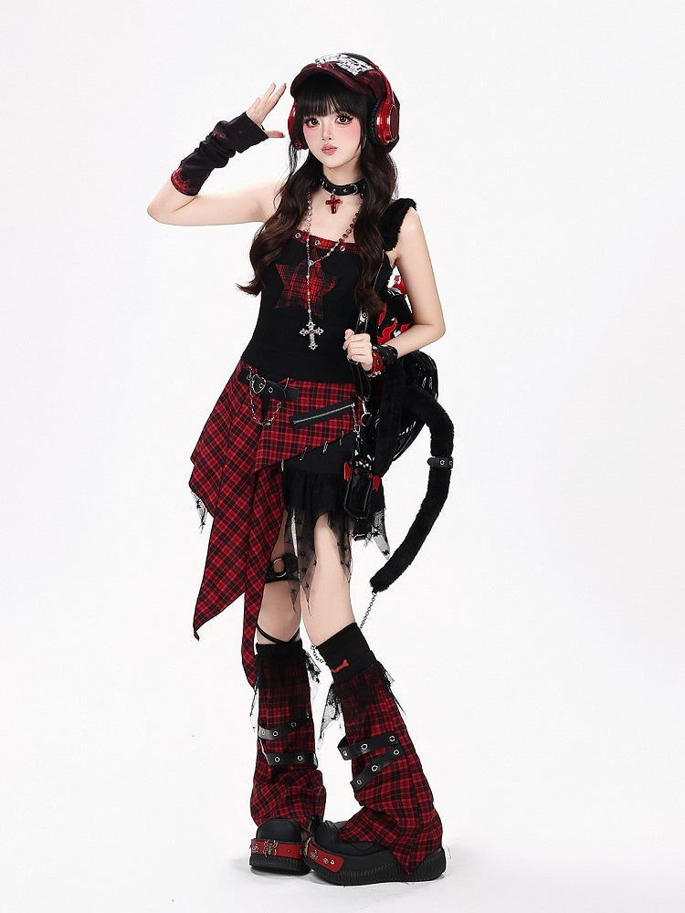 Red Black Plaid Asymmetric Skirt with Buckle - CRAZY GIRL