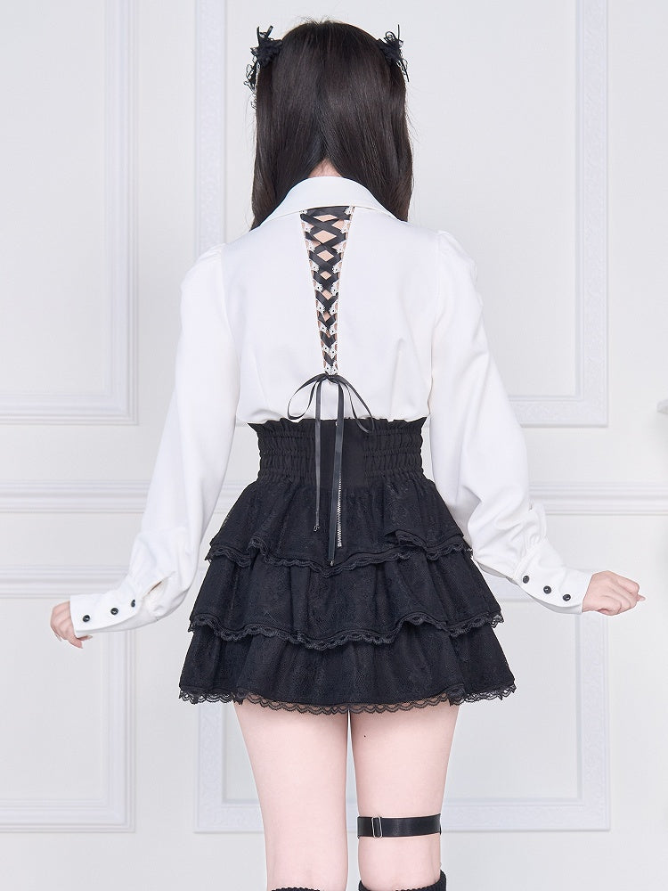 with Back White Jirai Blouse: Lacing Sleeve Long Kei Gothic