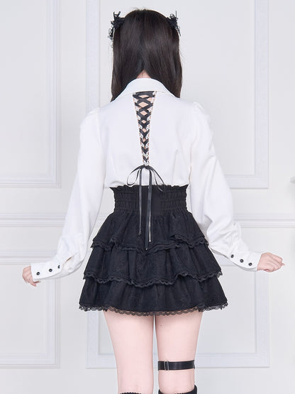 with Back White Jirai Blouse: Lacing Sleeve Long Kei Gothic