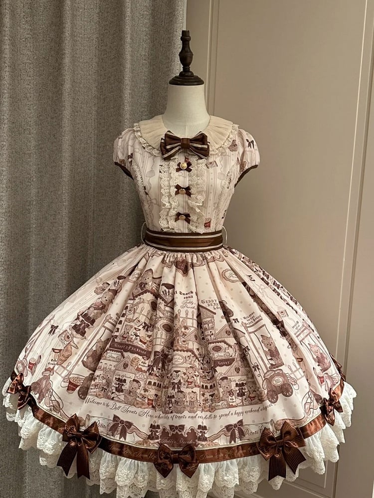 Puff Dress Lolita Print Little Brown Bear with Accents Sleeves Bow Beige Sweet Mini