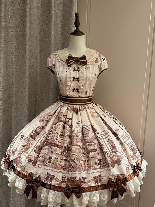Puff Dress Lolita Print Little Brown Bear with Accents Sleeves Bow Beige Sweet Mini