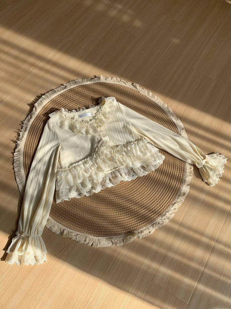 Cream Knit Top Spring/Autumn for Lolita Caidigan Trimmed Lace