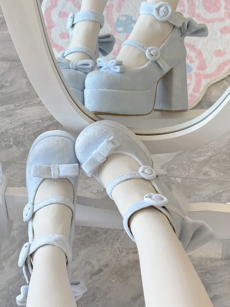 Janes Circle Platform Blue Mary Velvet Decor Bow High-heel Buckles