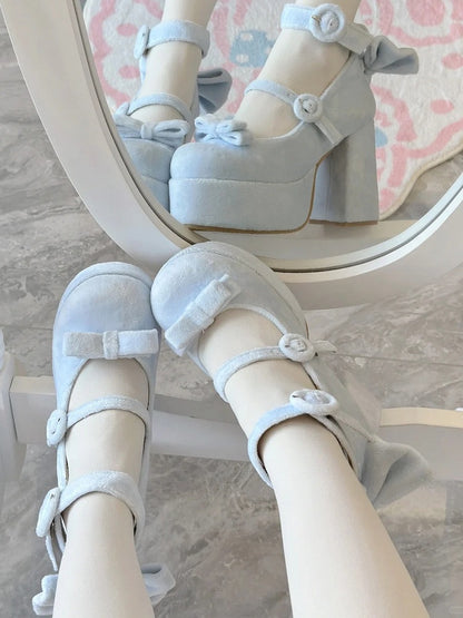 Janes Circle Platform Blue Mary Velvet Decor Bow High-heel Buckles