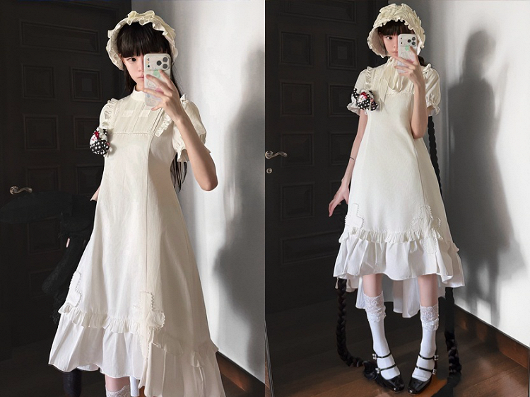 White Gothic Lolita High-Low Ruffled Dress with Cross Patches - Blossom Herald