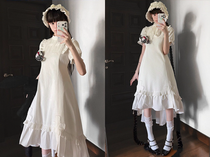 White Gothic Lolita High-Low Ruffled Dress with Cross Patches - Blossom Herald