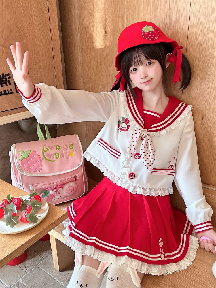 ピンク/ワインのフリルセーラーカラー、うさぎ耳デザイン、バックレッドJK制服トップライト