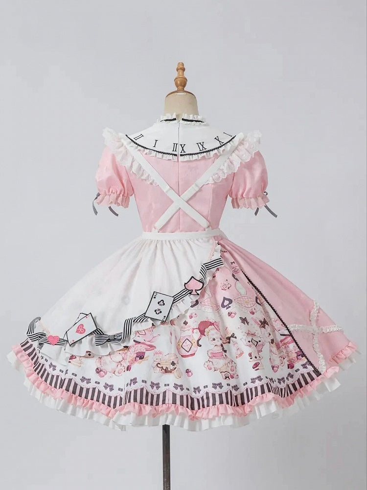 Sweet Lolita Apron Dress OP Full Set with Bunny & Teapot Print in Pink - Ying Luo Fu