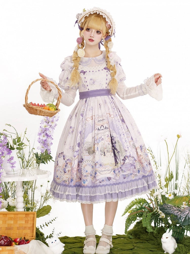 Kleid mit Blumenärmeln, Party- und Hasen-Lolita-Print mit abnehmbarem Tee