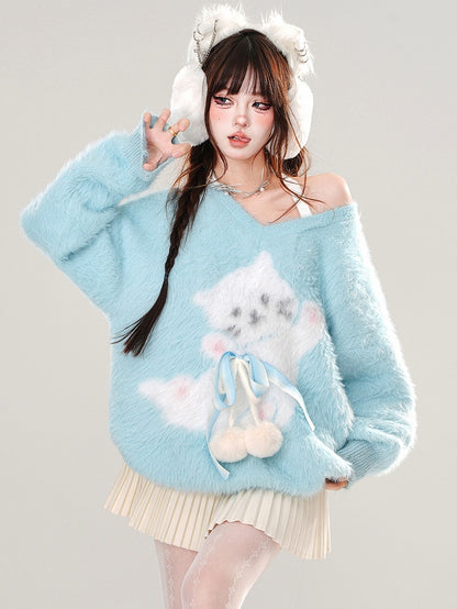 ピンク/ブルーのキュートなキティの蝶結びディテール、ホルターネックのソフトセーター