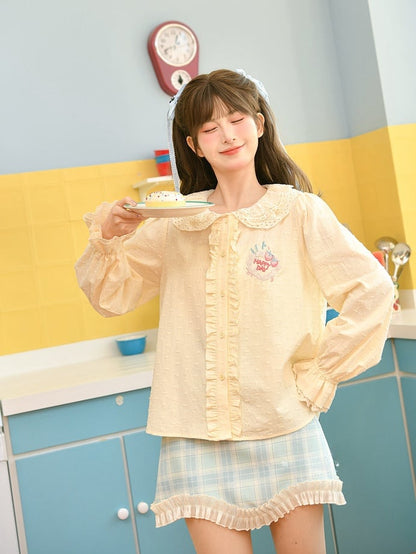 Ruffled Lace Trim Blue  Embroidery White Strawberry Cake Plaid Skirt