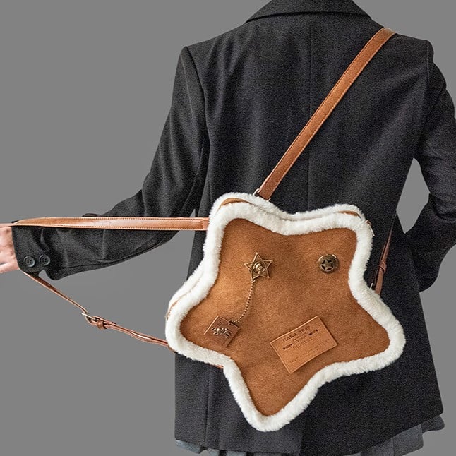 Feel A Metal And In Vintage Brown Small-Sized Plush Pins Star-Shaped 2-Way Backpack With Labels