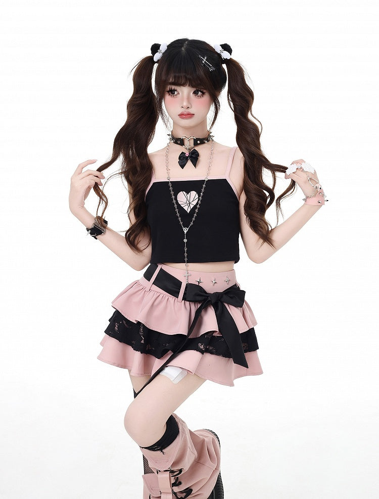 取り外し可能なリボン付き、ピンクのビタースイートなミニティアードスカート