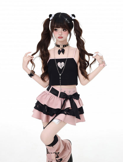 取り外し可能なリボン付き、ピンクのビタースイートなミニティアードスカート