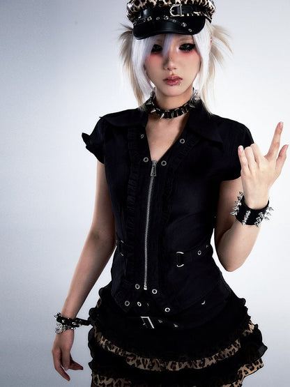 Waist-Cinched Top Crop Black Punk Vintage