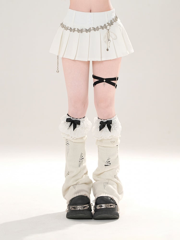 Skirt Black/White with Design Front Button - Pleated Placket Mini Slimming