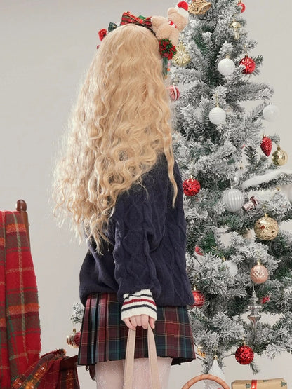 クリスマス ネイビーブルー ジンジャーブレッドベア アップリケ Vネック ソフトセーター