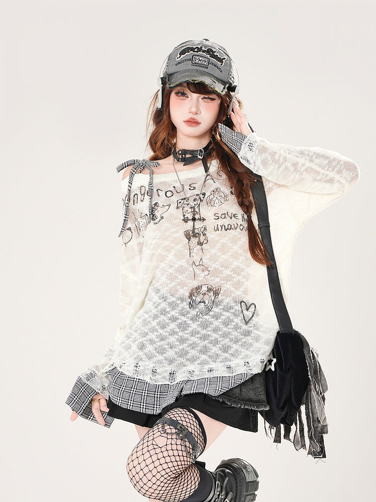 Asymmetrical Neckline Puppy Print Beige/Black Plaid Hem