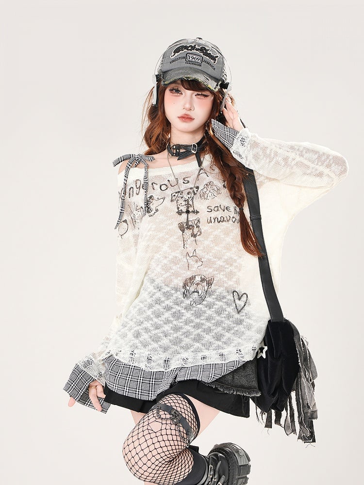 Asymmetrical Neckline Puppy Print Beige/Black Hem Plaid