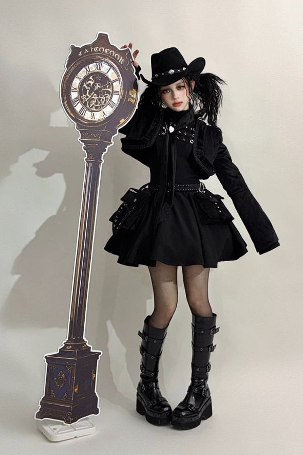 Steampunk Brown x Gothic Black Velvet Ruffle Heart Motif Cuff Cropped Jacket