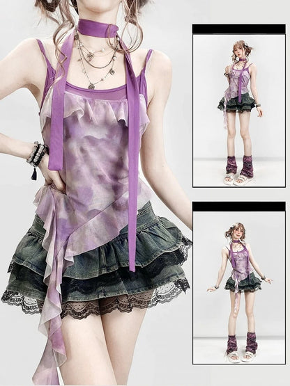 Lila Saum Asymmetrische Rüschen Top Design Dye + Tie Cami Schal Y2K Trim