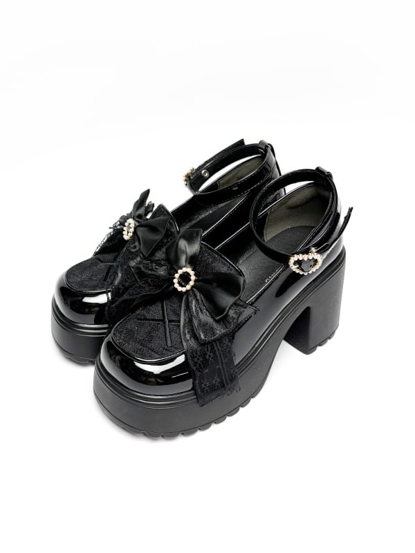 Bow High Block Kei Jirai Top Black Beaded Platform Heels Sole PU Decor with