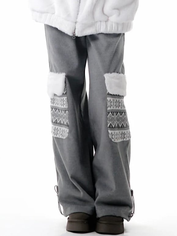 Straight-Leg Pockets Patterned Isle Pants with Gray Plush Fair