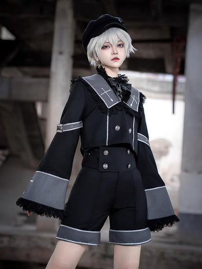 長袖クロップド丈刺繍グレートップスと襟クロス王子ブラックスクエアロリータ