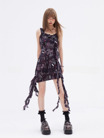 Glamorous Black Graffiti Print Asymmetrical Ruffled Slip Dress Hem