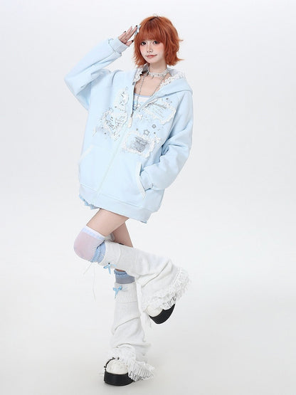 Blue Lace Trim Hoodie with Print - CRAZY GIRL