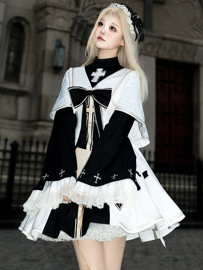 白と黒の修道女ロリータドレスフルセット - ベルスリーブ修道女ドレス + 白ケープ + 黒リボンアクセサリー