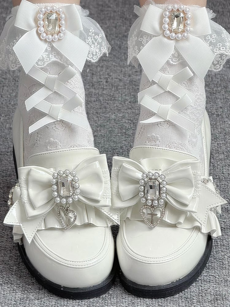 Leather Heels Rhinestone Bead PU Kei with Low Bow Jirai Polished White