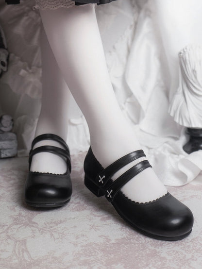 Flats Strap Embroidery Velcro Round Black Toe Cross Gothic Closures