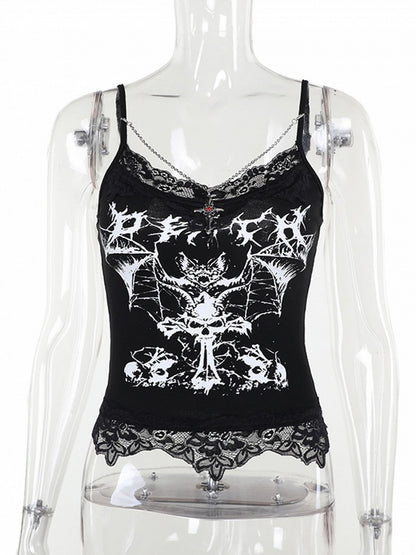 Black Cross Bat Halloween Pendant with Print Cami Chain Lace Trim Gothic Y2K Top