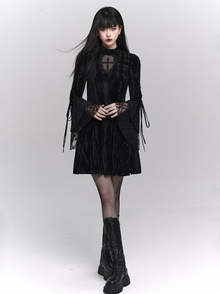 Black Gothic Cross Lace Trim Dress with Lace-up Detail at Bell Sleeves