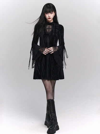 Black Gothic Cross Lace Trim Dress with Lace-up Detail at Bell Sleeves