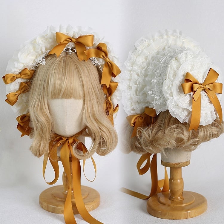 Farben: Abnehmbare Lolita-Haube mit Schleife, Spitzenbesatz und süßem, elegantem Beige 12