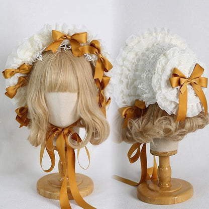 Colors Detachable Lolita Bowknot Bonnet Lace-Trimmed With Cute Elegant Beige 12